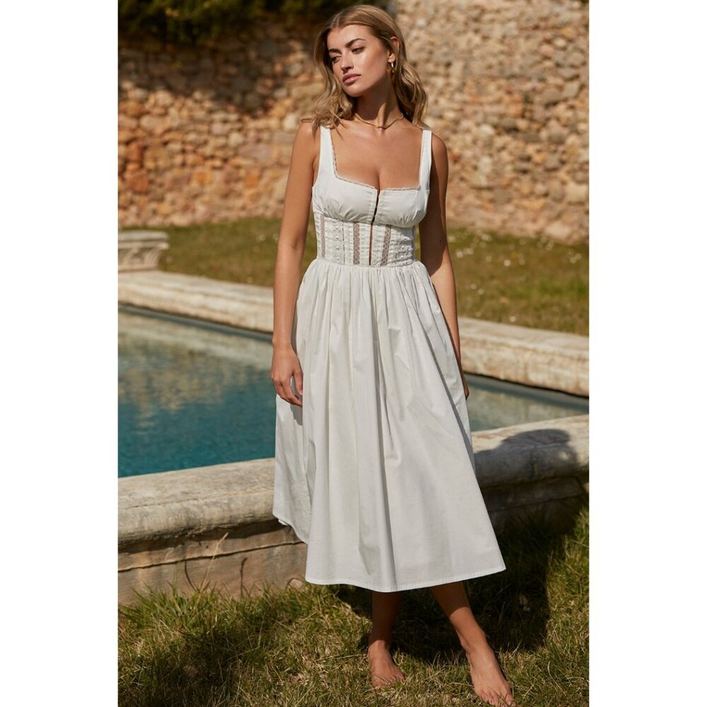 House of CB Perle white cotton lace trim midi dress - Size M